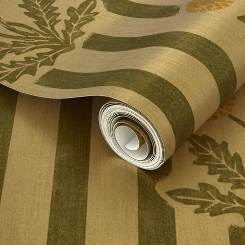 Top Shelf Dandelion Olive And Rich Gold Metallic Wallpaper featuring a luxe fibrous texture and premium glow, rolled and ready for installation.