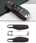 Marsala Red Leather Ride Ready Key Fob Cover for Porsche, showing top view and separate cover pieces, with hand-painted 4-layer finish.