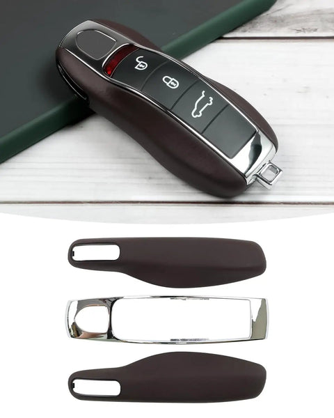 Marsala Red Leather Ride Ready Key Fob Cover for Porsche, showing top view and separate cover pieces, with hand-painted 4-layer finish.
