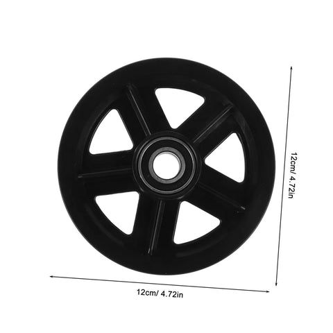 A Pair Of Heavy Duty Replacement Pulley Wheels For Sliding Barn Doors And Metal Gates Built For Roll Like Butter Performance With Sealed Bearings And Zero Hassle Everyday Reliability, black plastic wheel, 12cm diameter.