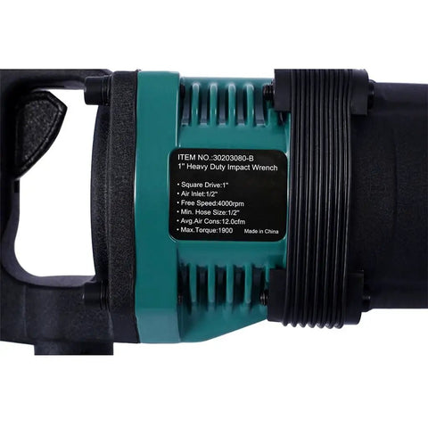 Badass 1 Inch Pneumatic Impact Wrench 1900 Ft Lbs Max Torque 4000 Rpm Free Speed side view showing drive size and label.