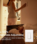 Single Pole Smart Dimmer Switch For Dimmable Bulbs With 2.4GHz WiFi Works With Alexa And Google Home App Remote Control Neutral Wire Required Plus Voice Control And Mobile App Scheduling installed on wall with woman adjusting it, showing in-use scene for bedroom lighting adjustment.