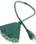 Heavy Duty Power Cord With Triple Tap Three Outlet Adapter, Sixteen Gauge SJTW Cables, Indoor And Outdoor Use, green color