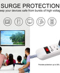 Image showcasing Power Strip Surge Protector With Six Outlets And A Two Foot Braided Fabric Extension Cord 300 Joules Wall Mounted Overload Protection Ideal For Home Or Office Durable Go To Tangle Free Design 2 Pack with TV and symbols for protection.