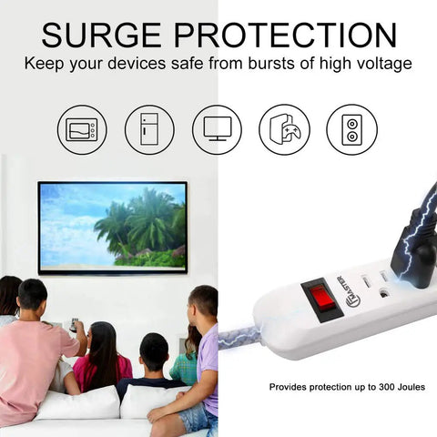 Image showcasing Power Strip Surge Protector With Six Outlets And A Two Foot Braided Fabric Extension Cord 300 Joules Wall Mounted Overload Protection Ideal For Home Or Office Durable Go To Tangle Free Design 2 Pack with TV and symbols for protection.