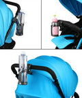 Universal Stroller Cup Holder With 360-Degree Swivel, Spill-Proof Bottle Holder for strollers, wheelchairs, and walkers, attached to blue stroller.