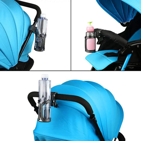 Universal Stroller Cup Holder With 360-Degree Swivel, Spill-Proof Bottle Holder for strollers, wheelchairs, and walkers, attached to blue stroller.