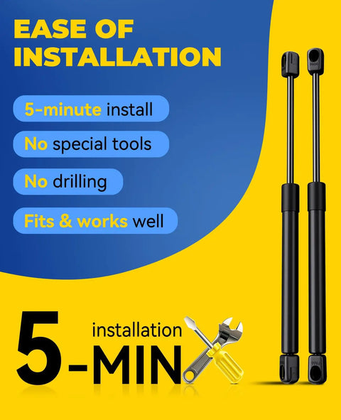 Easy installation graphic for Heavy Duty Gas Struts For Truck Canopy Topper And Rear Window Replacement with key features.