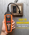 RT390 Circuit Analyzer with Large Color LCD for Quick, No Nonsense Wiring Fault Checks, held in hand, testing outlet
