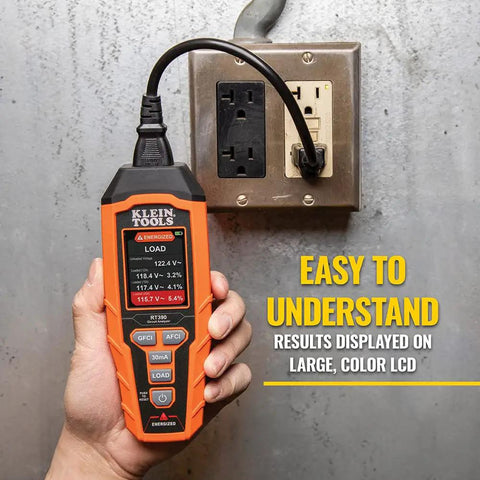 RT390 Circuit Analyzer with Large Color LCD for Quick, No Nonsense Wiring Fault Checks, held in hand, testing outlet