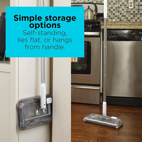 No Fuss Grab And Go Cordless Floor Sweeper Loaded With A Beefy 50 Minute Lithium Charge with self-standing storage options.