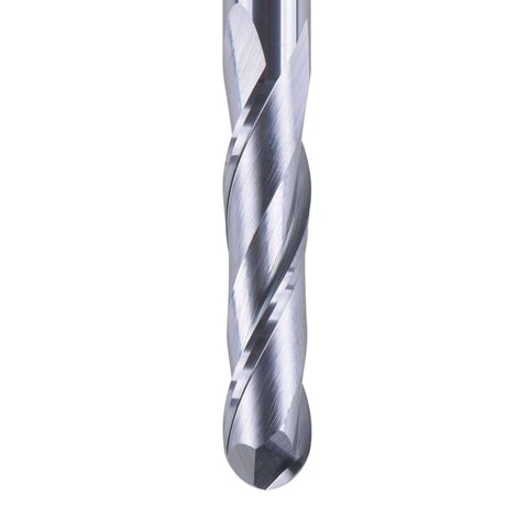 Ball nose carbide end mill with 1/4 in shank and 3 in overall length, double-flute spiral milling tool.