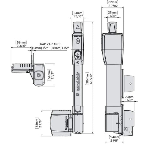 Diagram of MagnaLatch Vertical Pull 12 Inch Gate Latch With Magnetic Lock System, side and front views with measurements.