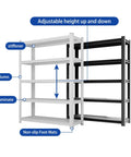 Killer 5 Tier Steel Storage Shelving Unit With Adjustable Metal Racks For Garage Warehouse And Basement Setup showcasing adjustable height features in matte black and white.