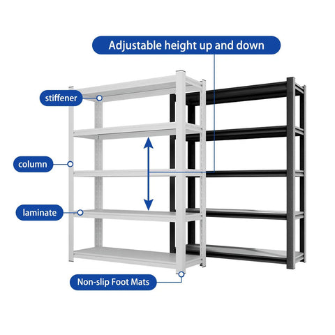Killer 5 Tier Steel Storage Shelving Unit With Adjustable Metal Racks For Garage Warehouse And Basement Setup showcasing adjustable height features in matte black and white.