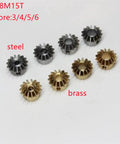 Two Pack 0.8M 15T Bevel Pinion Gear Set 1 To 1 Ratio in steel and brass with bore options, arranged on a white background.