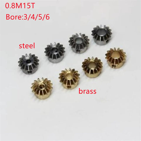 Two Pack 0.8M 15T Bevel Pinion Gear Set 1 To 1 Ratio in steel and brass with bore options, arranged on a white background.
