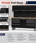 Badass Heavy Duty Tool Chest And Rolling Cabinet Two Pack Workhorse Featuring Twenty Six Deep Slide Out Drawers For Rock Solid Garage And Workshop Setup Organization with 72-inch tool chest, 11 drawers, and storage compartments.