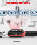 Three Eighths Inch Digital Torque Wrench With Go-To Preset Values And Six Quick Settings, 2.2 To 44.3 Ft Lbs Or 3 To 60 Nm, Buzzer And LED Alerts, Compact Electronic Torque Tool For Motorcycles And Bikes showing LCD with four measurement modes.