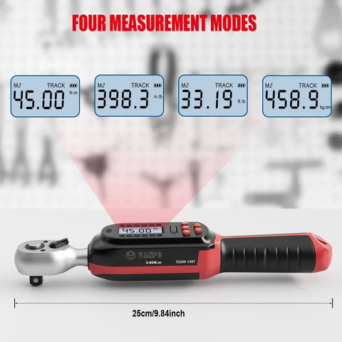 Three Eighths Inch Digital Torque Wrench With Go-To Preset Values And Six Quick Settings, 2.2 To 44.3 Ft Lbs Or 3 To 60 Nm, Buzzer And LED Alerts, Compact Electronic Torque Tool For Motorcycles And Bikes showing LCD with four measurement modes.