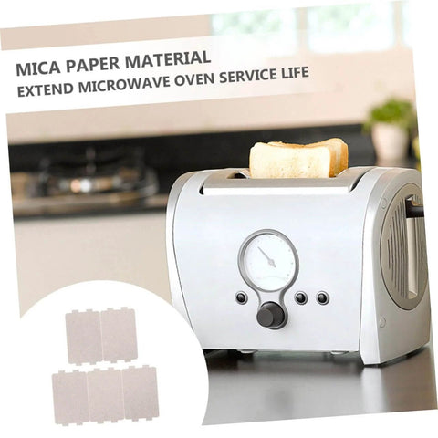 5 Pack Mica Sheets For Microwave Oven Insulation And Waveform Plate Replacement shown with toaster and material close-up