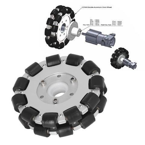Built Tough Double Aluminum Omnidirectional Wheel With Twenty Two Rubber Rollers 127mm Diameter And Forty Six Pound Load Rating For Hassle Free Robotics Builds And Smooth Side To Side Rolling