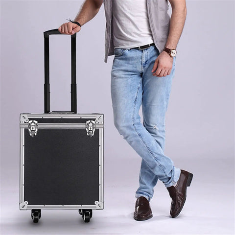 Multifunction Wheeled Tool Box With Retractable Handle And Pro Grade Heavy Duty Aluminum Alloy Build, shown upright with handle extended.