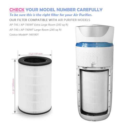 Replacement Filter For Homedics Air Purifier Exact Fit For AP T45 AP T45WT AP T40 AP T40WT AP T40WTAR Costco Model 1461901 size view