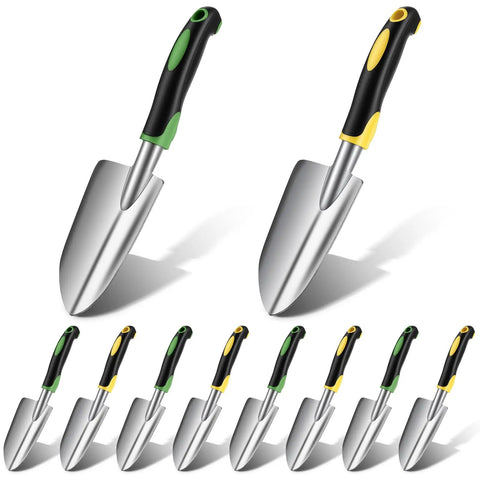 10 Piece Go To Garden Trowel Set With Heavy Duty Hand Shovels Soft TPR Handles Mini Spade For Digging Planting Transplanting And Flower Soil Work Durable Metal Gardening Tools featuring aluminum shovel heads and TPR handles in black, green, and yellow colors