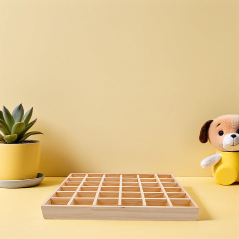Top Tier Solid Wood Jewelry Tray Organizer Designed To Keep Your Bling Neatly Arranged In 36 Grids For Bracelets Necklaces And Earrings While Traveling Or Stashing On Countertops, showcased against a yellow backdrop.