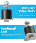 LookFox Unistrut trolley limit blocks, 2-pack; front/side views with rubber bumper and mounting bolt for 1-5/8 in. strut.