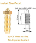 Brass Nozzle Set For Kobra 3 And Kobra S1 3D Printers, 20 Pack With 0.2mm 0.4mm 0.6mm 0.8mm 1.0mm Nozzles size diagram