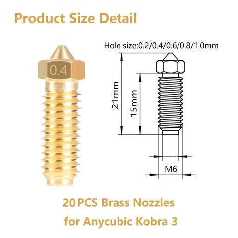 Brass Nozzle Set For Kobra 3 And Kobra S1 3D Printers, 20 Pack With 0.2mm 0.4mm 0.6mm 0.8mm 1.0mm Nozzles size diagram