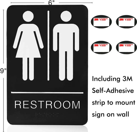 Self-Stick ADA Braille Unisex Bathroom Signs For Women And Men, Double Sided 3M Tape Door Sign, 9x6 inches, wall decor