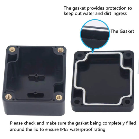 Solid Build Ip65 Waterproof Abs Plastic Electronic Project Box With Drain Plugs Outdoor Electrical Enclosure Battery Housing Component Cabinet Tight Snap Top Black 2.48 X 2.28 X 1.38 Inches showing black box with gasket.