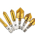 Top Tier 6 Piece Countersink Drill Bit Set With A Rock Hard Quarter Inch Hex Shank And Snappy 5 Flute Cutter for woodworking.