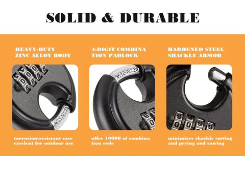 Close-up of 70mm Weatherproof Disc Padlock With 4 Digit Resettable Combination Built Tough Outdoor Padlock for durability features