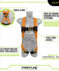 Front view of 100VMB Combat Economy Full Body Harness Universal with back D ring and orange webbing, pass-thru leg straps, perfect for site use.