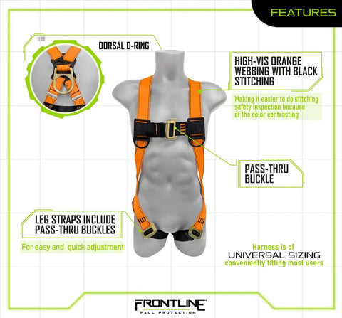 Front view of 100VMB Combat Economy Full Body Harness Universal with back D ring and orange webbing, pass-thru leg straps, perfect for site use.