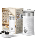 4 In 1 Electric Milk Frother And Warmer For Lattes And Cappuccinos with box, white color, shown with power base and packaging