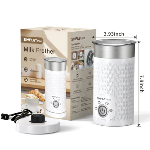 4 In 1 Electric Milk Frother And Warmer For Lattes And Cappuccinos with box, white color, shown with power base and packaging