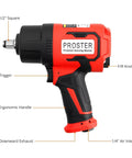 Heavy Half Inch Air Impact Wrench Pumping Out One Six Zero Zero Foot Pounds Of Torque Inside A Featherlight Four Point Four Pound Body With An Eight Piece Socket Set For Zero Fatigue Work And Quick Fixes Utilizing Its Soft Rubber Grip To Slash Shake And, showcasing ergonomic handle, trigger, and air inlet.