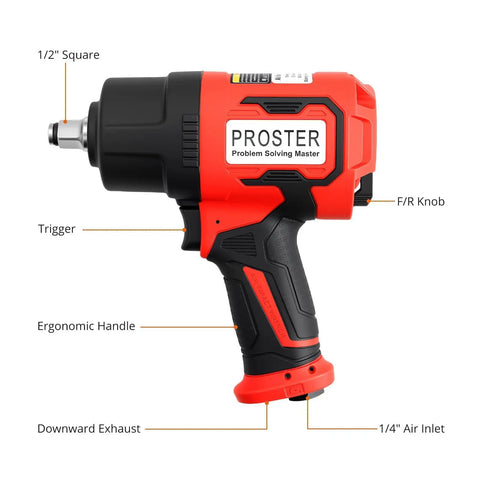 Heavy Half Inch Air Impact Wrench Pumping Out One Six Zero Zero Foot Pounds Of Torque Inside A Featherlight Four Point Four Pound Body With An Eight Piece Socket Set For Zero Fatigue Work And Quick Fixes Utilizing Its Soft Rubber Grip To Slash Shake And, showcasing ergonomic handle, trigger, and air inlet.