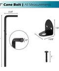 Diagram of 12 Inch Cane Bolt Heavy Duty Drop Rod Gate Stopper Hardware Ground Latch measurements, including rod, bracket, and screw dimensions.