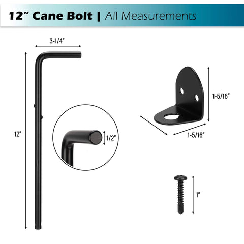 Diagram of 12 Inch Cane Bolt Heavy Duty Drop Rod Gate Stopper Hardware Ground Latch measurements, including rod, bracket, and screw dimensions.
