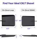 Comparison of 15 Inch Fireplace Ash Shovel with Wider Head, showing large and middle size, manganese steel scoop, rubber handle.