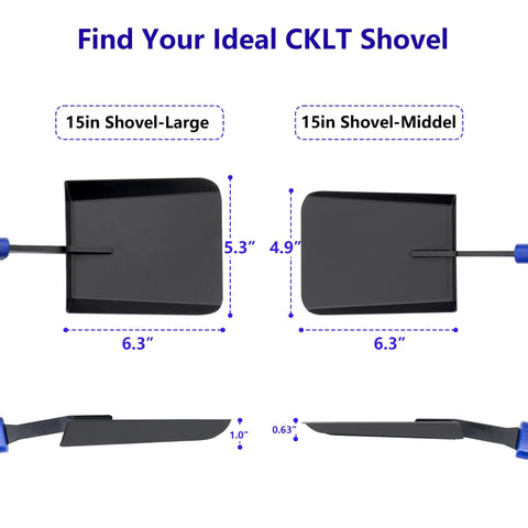 Comparison of 15 Inch Fireplace Ash Shovel with Wider Head, showing large and middle size, manganese steel scoop, rubber handle.