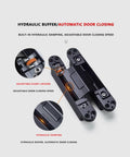 Heavy Duty Hydraulic Buffer Hinge With Invisible Hidden Spring For Automatic Soft Close Silent Operation Built Tough Without The Hassle, showing adjustable hydraulic damping and locking features.