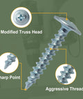 Heavy Duty Modified Truss Head Wood Screws Size 8 X 3/4 Inch, featuring sharp point and aggressive threads.