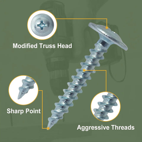 Heavy Duty Modified Truss Head Wood Screws Size 8 X 3/4 Inch, featuring sharp point and aggressive threads.